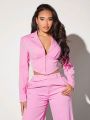 SHEIN SXY Lapel Collar Short Crop Suit Jacket With Pointed Hem