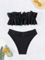 SHEIN Swim Y2GLAM Solid Color Pleated Ruffle Bandeau Bikini Set For Women