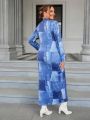 SHEIN Essnce Women's Blue Stand Collar Plus Size Denim Print A-line Dress With Random Pattern