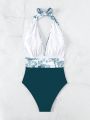 SHEIN Swim Vcay Tropical Print Ruched Halter One Piece Swimsuit