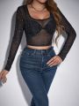 SHEIN BAE Mesh Sheer Top With Rhinestone Decor