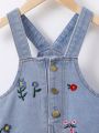 Toddler Girls' Vacation & Leisure Blue Denim Overall Dress With Floral Embroidery