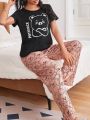 Women's Short Sleeve Long Pants Bear Print Pajama Set