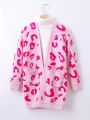 Tween Girl 1pc Leopard Pattern Dual Pocket Drop Shoulder Duster Cardigan