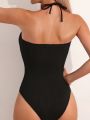 SHEIN Swim Chicsea One Piece Swimsuit With Pearl Decoration & Hollow Out Design Detail, Halter Neckline