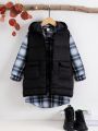 SHEIN Kids KDOMO Girls' Autumn And Winter Casual Retro Fashion Warm And Trendy Hooded Vest Jacket And Shirt Dress Two-Piece Suit