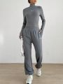 SHEIN EZwear Monogrammed Long-Sleeved Bodysuit And Sweatpants Set