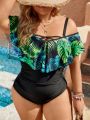 SHEIN Swim Classy Plus Size Tropical Printed Splicing Off Shoulder One Piece Swimsuit