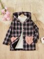 SHEIN Kids HYPEME Toddler Girls' Plaid Fleece Patchwork Hooded Coat For Autumn/winter