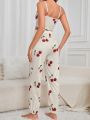 Women's Cherry Printed Camisole Top And Pants Pajama Set