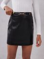 SHEIN Kids Cooltwn Girls' Fashionable Elegant Pu Leather Wrapped Hip Mini Skirt