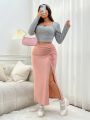 SHEIN Qutie Plus Size Soft Pink Designed Comfortable Skirt