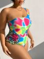 SHEIN Swim Vcay Plus Size Tie Dye Patchwork Leopard Print One-Piece Swimsuit