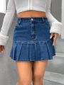 Pleated Hem Denim Skirt