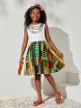 SHEIN Kids Cooltwn Tween Girls' Everyday Casual Woven Geometric Printed Sleeveless Round Neck Dress