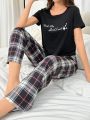 Letter Printed Short Sleeve T-Shirt And Checked Pants Pajama Set