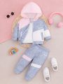 3pcs Baby Girls' Casual And Comfortable Color Block Zip-Up Hoodie, Simple Long-Sleeved Top, And Elastic Waist Pants Set