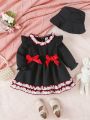 2023 Baby Girls' Checkered Dress With Flying Sleeves, Double Bowknot Decor, Double Lace, Hat