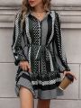 Polka Dot Print Lantern Sleeve Ruffle Hem Belted Shirt Dress