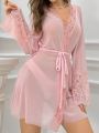 Women's Lace Patchwork Robe With Waist Belt