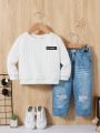 SHEIN Infant Unisex Casual Solid Color Long Sleeve Sweatshirt And Elastic Waist Jeans Styled Trousers Set