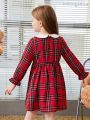 SHEIN Kids QTFun Young Girl Tartan Print Peter Pan Collar Flounce Sleeve Dress