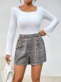 SHEIN Privé Women's Plaid Metal Double-breasted Button Shorts