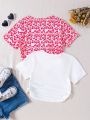 2pcs Teen Girls' Casual Heart Print T-Shirt, Suitable For Vacation, Summer