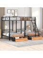 Triple Full Over Twin & Twin Size Metal Bunk Beds with Built-in Ladder Headboard and Footboard for Family Bedrooms, Divided into Three Separate beds with Drawers and Guardrails