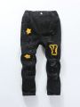 Young Boy Letter Patched Ripped Jeans