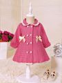 Baby Girls' Fashionable Elegant Bowknot Button Woolen Coat For Autumn And Winter