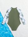 Young Girl Tropical Printed Rash Guard Swimsuit