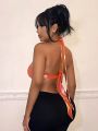 SHEIN SXY Women's New Year Bright Orange Sexy Cross Halter Steel Circle Backless Vest