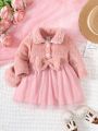 Fashionable And Elegant Plush Bowknot Decorated Baby Girl Dress