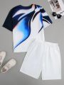 SHEIN Teen Boys' Casual Digital Abstract Print Short Sleeve Top And Shorts Set