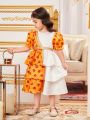 SHEIN Kids Nujoom Young Girls' Flower Printed Patchwork Layered Bubble Sleeves Dress With Round Neck