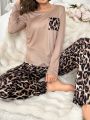 Women'S Leopard Print Long Sleeve T-Shirt And Long Pants Pajama Set