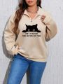 Plus Size Women's Cartoon Cat Pattern Half Zip Hoodie With Pocket