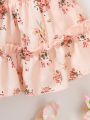 1pc Baby Girl Casual Off-Shoulder Floral Print Drawstring Short Sleeve Dress For Summer