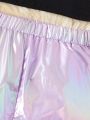 SHEIN Kids QTFun 3pcs Tween Girls' Letter Print Zipper Hoodie, Tank Top And Holographic Pants Set