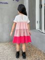 SHEIN Kids HYPEME Young Girls' Color Block & Ruffle Sleeve Splicing Dress, Perfect For Spring And Summer Street Style