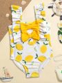 Baby Girl Lemon Print Bow Front Ruffle Trim One Piece Swimsuit