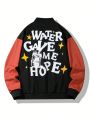 Men Slogan Graphic Colorblock Slant Pockets Bomber Jacket