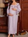 Maternity Butterfly Embroidery Mesh Gauze Ruffled Hem Decorated Bell Sleeve Jacquard Nightgown