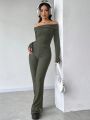 Women's Off Shoulder Ribbed Top And Pants Two-piece Set