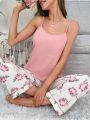 Women'S Cami Tank Top And Flower Printed Pajama Set