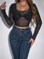 SHEIN BAE Mesh Sheer Top With Rhinestone Decor