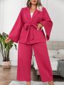 SHEIN Privé Plus Split Sleeve Belted Blazer & Wide Leg Pants