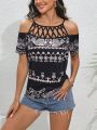 Women'S Geometric Pattern Off-Shoulder Hollow Out Blouse