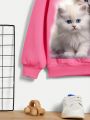 Tween Girls' Casual Cat Pattern Long Sleeve Round Neck Sweatshirt Suitable For Autumn And Winter